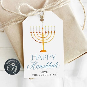 Minimalist Hanukkah Gift Tag Template, Printable Modern Menorah Chanukah Tag, Editable Simple Present Tag, School Hanukkah, Instant Download