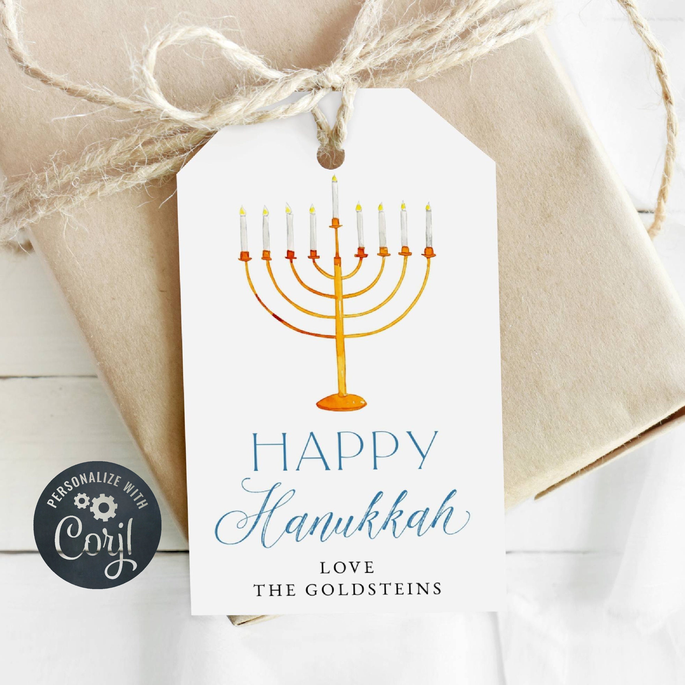 Minimalist Hanukkah Gift Tag Template, Printable Modern Menorah Chanukah Tag, Editable Simple Present Tag, School Hanukkah, Instant Download
