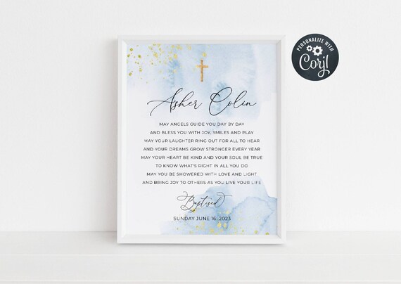 Baptism Prayer Sign Template Printable Blue &amp; Gold - Etsy