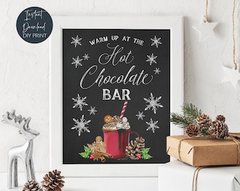Printable Hot Chocolate Bar Sign, Warm Up At The Hot Chocolate Bar, Chalkboard Sign, Winter Wedding, Christmas Party, Instant Download