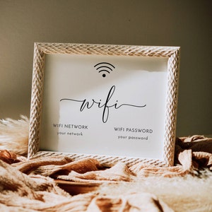 May include: A framed white sign with the word "wifi" in elegant script, a wifi symbol, and prompts for network and password. The frame is light-colored with a textured pattern. The sign is displayed on a textured, peach-colored fabric.