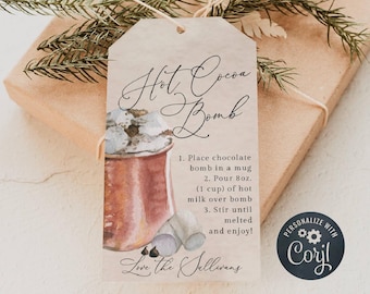 Christmas Hot Cocoa Bomb Gift Tag Template, Printable Hot Chocolate Bomb Favor Tags, Editable Bomb Directions Tags, Digital Download
