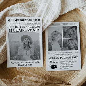 Modello di invito per festa di laurea su giornale, annuncio di laurea con foto moderna stampabile, invito modificabile per laureato senior, download immediato