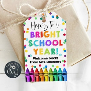 Here&#39;s To A Bright School Year Gift Tag Template, Printable Back To School Class Favors, Editable Crayons First Day Tag, Instant Download
