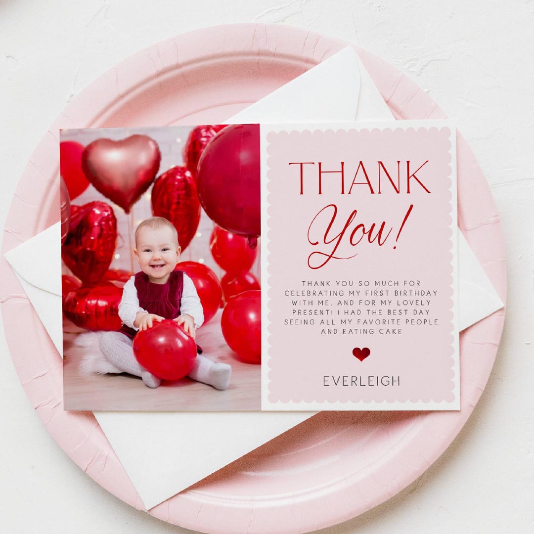 Editable Valentine Birthday Photo Thank You Card Template, Printable ...