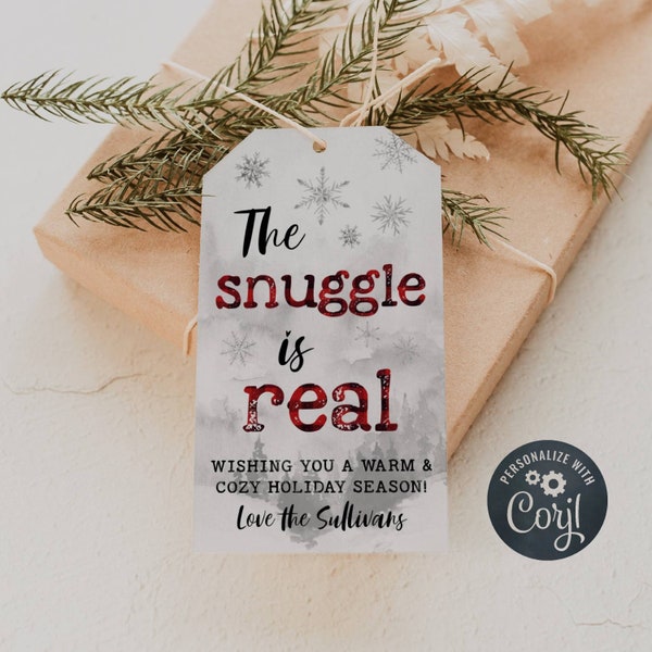 The Snuggle Is Real Christmas Tag Template, Printable Warm and Cozy Holiday Favor Tag, Editable Plaid Winter Gift Tags, Instant Download