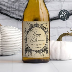 Halloween Vintage Gothic Frame Wine Bottle Label Template, Printable Hallowine Sticker, Editable Spooky Booze Label, Instant Download, #VF
