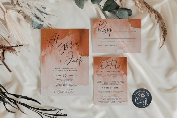 Templett DIY wedding templates Watercolor Orange IN044 Minimalist wedding Orange /& Gold Wedding Bundle INSTANT DOWNLOAD template