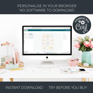 May include: A desktop computer displays a customizable Easter-themed invitation. The screen shows a design with pastel colors and Easter-related graphics. Text at the top reads "PERSONALISE IN YOUR BROWSER NO SOFTWARE TO DOWNLOAD". The image is on a white desk with decorative items.