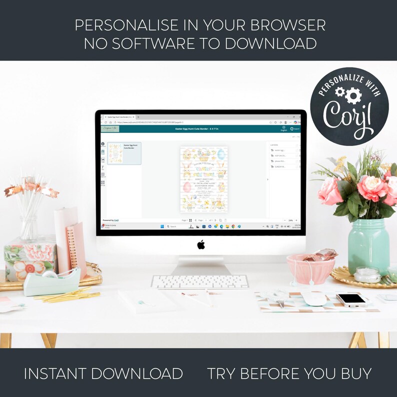 May include: A desktop computer displays a customizable Easter-themed invitation. The screen shows a design with pastel colors and Easter-related graphics. Text at the top reads "PERSONALISE IN YOUR BROWSER NO SOFTWARE TO DOWNLOAD". The image is on a white desk with decorative items.