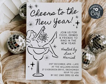 New Year's Eve Cocktail Invitation Template, Printable Cheers To New Year Invite, Editable Girl in Margarita Glass Invite, Digital Download