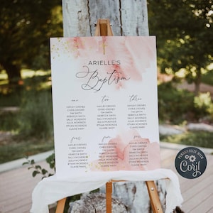 Blush Pink & Gold Baptism Seating Plan Template, Printable Girls Watercolor Christening Sign, Editable Seating Chart, Instant Download, #PB