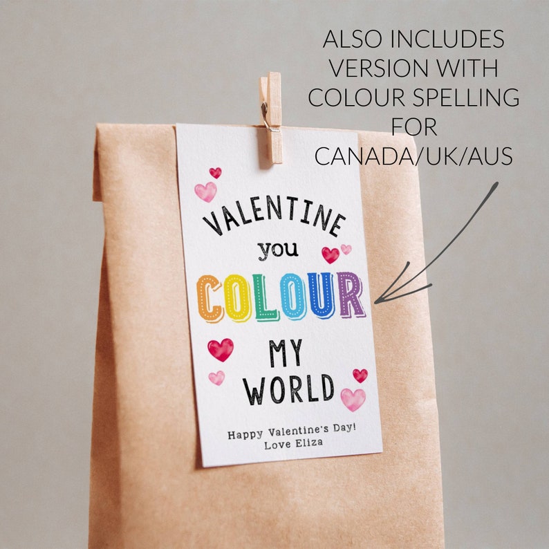 Rainbow Valentine's Day Gift Tag Template, Printable You Color My World Valentine Tags, Editable Crayons Kids Valentine, Instant Download zdjęcie 3