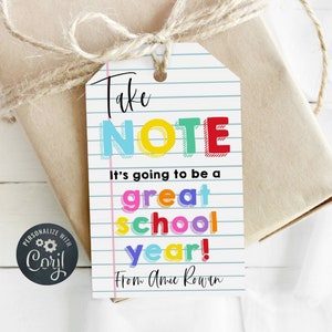 Back To School Take Note Gift Tag Template, Printable Note Pad First Day Of School Tag, Editable Great School Year Tag, Instant Download
