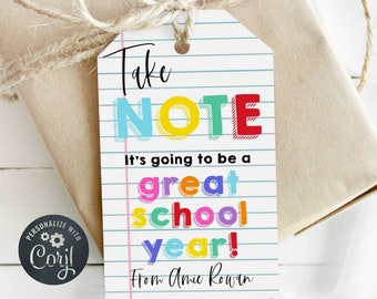 Back To School Take Note Gift Tag Template, Printable Note Pad First Day Of School Tag, Editable Great School Year Tag, Instant Download