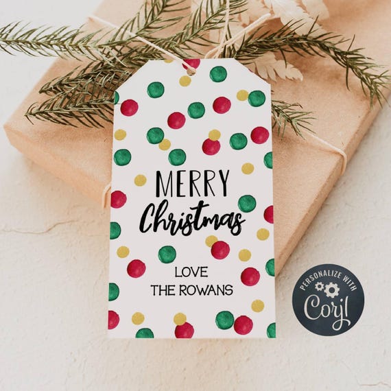Editable Christmas Gift Tag Template, Printable Holiday Party Favor Tag, Bright Xmas Present Tag, Confetti Red Green Gold, Digital Download
