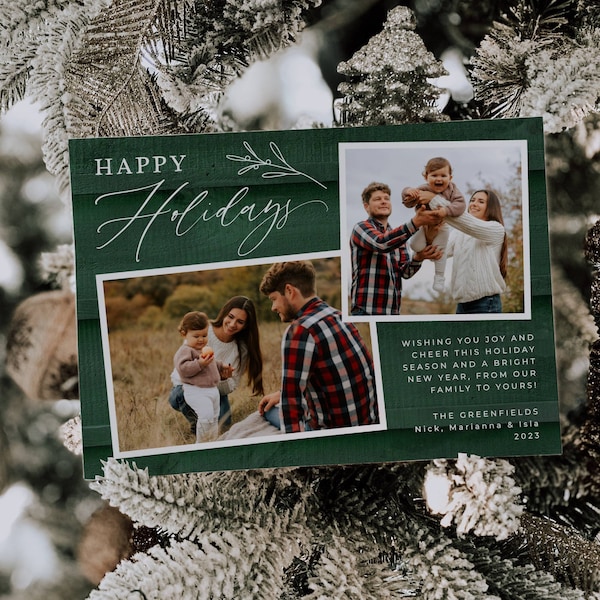 Rustic Wood Photo Holiday Card Template, Printable Farmhouse Christmas Card, Editable Modern Family Picture Greeting Card, Instant Download