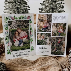 Christmas Greenery Photo Holiday Card Template, Printable Modern Foliage Christmas Card, Editable Festive Greeting Card, Instant Download