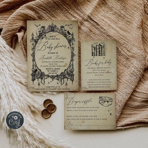 Ensemble de modèles modifiables d'invitation de baby shower de cadre gothique, suite d'invitation de douche effrayante vintage imprimable, téléchargement immédiat, #H7