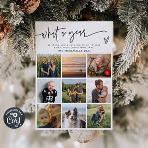 Plantilla de tarjeta navideña "What A Year", tarjeta navideña con collage de fotos imprimible, tarjeta de felicitación con imágenes navideñas familiares editables, descarga instantánea