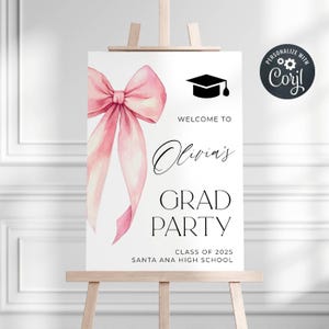 Plantilla de letrero de bienvenida para fiesta de graduación con lazo rosa, letrero de bienvenida imprimible y elegante, descarga instantánea, #G0