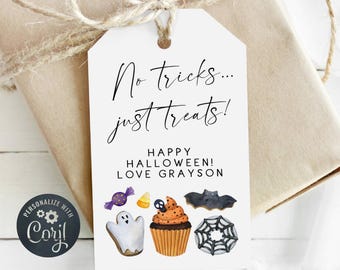 Modello di etichetta regalo di Halloween "Niente scherzetti, solo dolcetti", etichetta per bomboniere "Dolcetto o scherzetto" stampabile, etichette di Halloween scolastiche modificabili, download digitale