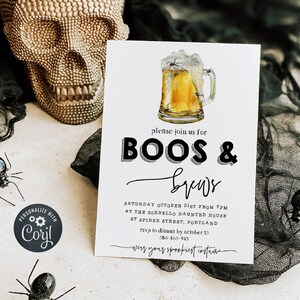 Plantilla de invitación para fiesta de Halloween de Boos & Brews, invitación editable para fiesta de disfraces para adultos, invitación imprimible con cerveza de araña espeluznante, descarga instantánea