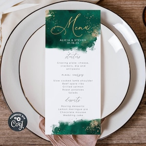 Smaragd Aquarell Menüvorlage, druckbare Hochzeitstischkarte in Jägergrün & Gold, bearbeitbare moderne Abendmenüs, Sofort Download, #WC4