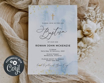 Blue & Gold Baptism Invitation Template, Printable Light Baby Blue Watercolor Christening Invite, Editable Boy Baptism, Instant Download #BB