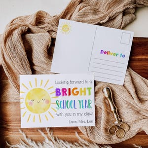 Back To School Postcard From Teacher Template, Printable Bright School Year Tag, Editable First Day Of School Student Card, Digital Download
