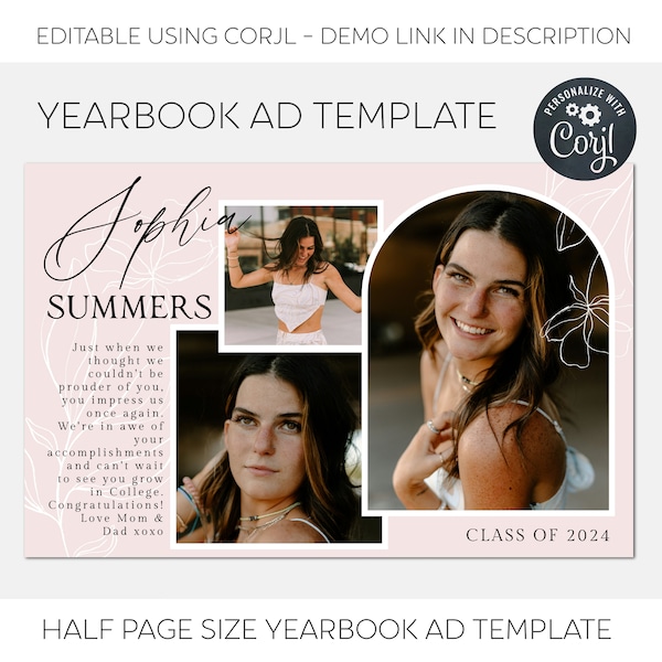 Half Page Floral Graduation Yearbook Ad Template, High School Senior Graduate Tribute, Editable Arch Photo Announcement, Instant Download
