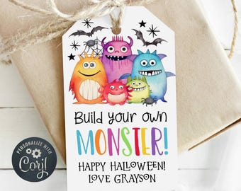 Build Your Own Monster Halloween Gift Tag Template, Printable Make A Monster Favor Tag, Editable School Non Candy Favors, Digital Download