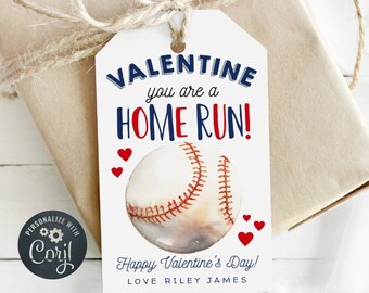 Modello di etichetta regalo di San Valentino a tema baseball, etichette stampabili "Sei un fuoricampo" per bomboniere, etichette modificabili per la classe scolastica di San Valentino, download digitale