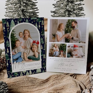 Trees Arch Photo kerstkaartsjabloon, afdrukbare moderne Boho-kerstkaart, bewerkbare Boho Pines-wenskaart, direct downloaden