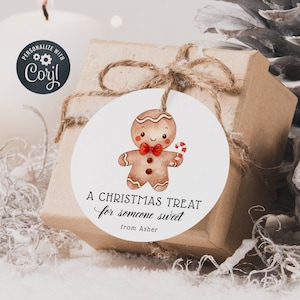Round Christmas Gingerbread Man Gift Tag Template, Printable Christmas Treat for Someone Sweet Favor Tag, Editable Stickers Instant Download
