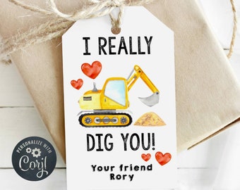 Valentine's Day Digger Gift Tag Template, Printable I Really Dig You Favor Tag, Editable Construction Classroom Valentine, Instant Download