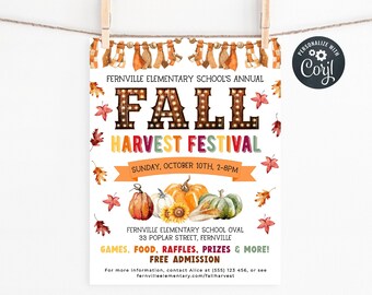 Fall Harvest Festival Flyer Template, Printable School Community Fall Fest Invite, Editable Autumn Church Event Poster, Digital Download