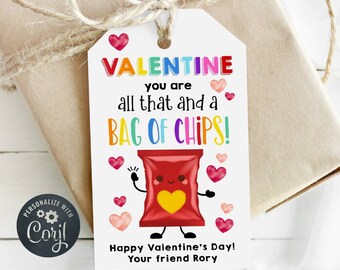 Chips Valentine's Day Gift Tag Template, You Are All That And A Bag Of Chips Favor Tag, Printable Editable School Valentine Digital Download