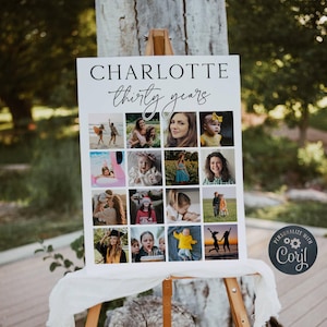Plantilla de póster de collage de fotos de cumpleaños para adultos, letrero de tablero de fotos de cumpleaños con cuadrados modernos, tablero editable de Life in Pictures, descarga instantánea