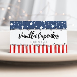 4 juli eten kaartsjabloon, afdrukbare Stars & Stripes Buffet tentkaart, bewerkbare vierde juli patriottische plaatskaart, direct downloaden, #J3
