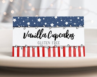 4. Juli Lebensmittel Kartenvorlage, druckbare Stars & Stripes Buffet Zelt Karte, bearbeitbare Juli Fourth Vaterländischen Tischkarte, digitaler Download, #J3