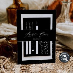 Classic Black Belly Band Template, Printable Modern Elegant Wedding Invitation Wrap, Editable Minimalist Invite Wrap, Instant Download, #BW