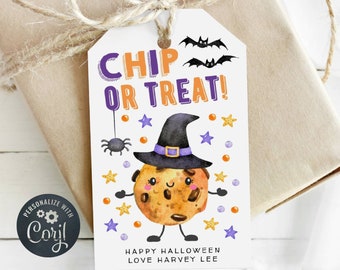 Chip Or Treat Halloween Gift Tag Template, Printable Cookie Favor Tags, Editable Classroom School Trick Or Treat Bag Tags, Instant Download