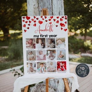 Editable Little Sweetheart First Birthday Photo Board Template, Printable Valentine Baby&#39;s 1st Year Milestone Collage, Instant Download, #V1