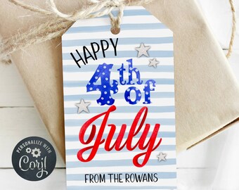 4th of July Stripes & Stars Favor Tag Template, Printable July Fourth Gift Tag, Editable Patriotic Red White Blue Party Tag Instant Download