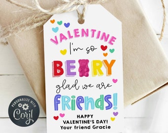 Modello di etichetta regalo di San Valentino a forma di orsetto gommoso, etichetta stampabile "Siamo felici di essere amici", etichetta scolastica modificabile per la classe, download digitale