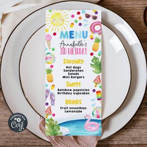Summer Pool Party Menu Template, Printable Kids&#39; Birthday Menu Cards, Editable Girls Swimming Birthday Party Menus, Instant Download, #PP