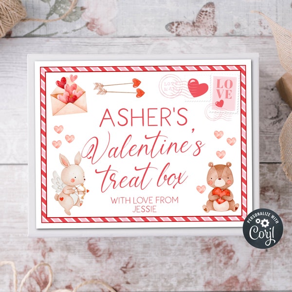 Editable Valentine Treat Box Label Template, Printable Valentine's Day Box Sticker, Valentine Gift Label Hearts Cupid, Instant Download