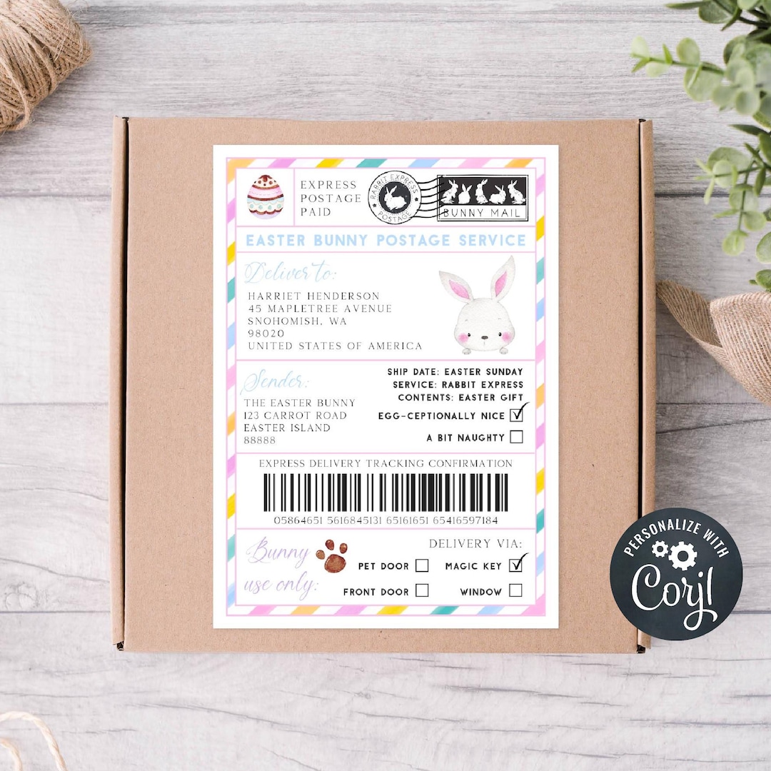 Editable Easter Bunny Mail Shipping Label Template, Printable Easter ...