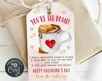 Plantilla de etiqueta para bomba de chocolate caliente de San Valentín, etiqueta imprimible "Eres la bomba", etiqueta editable para maestro/a para el Día de San Valentín, descarga digital.